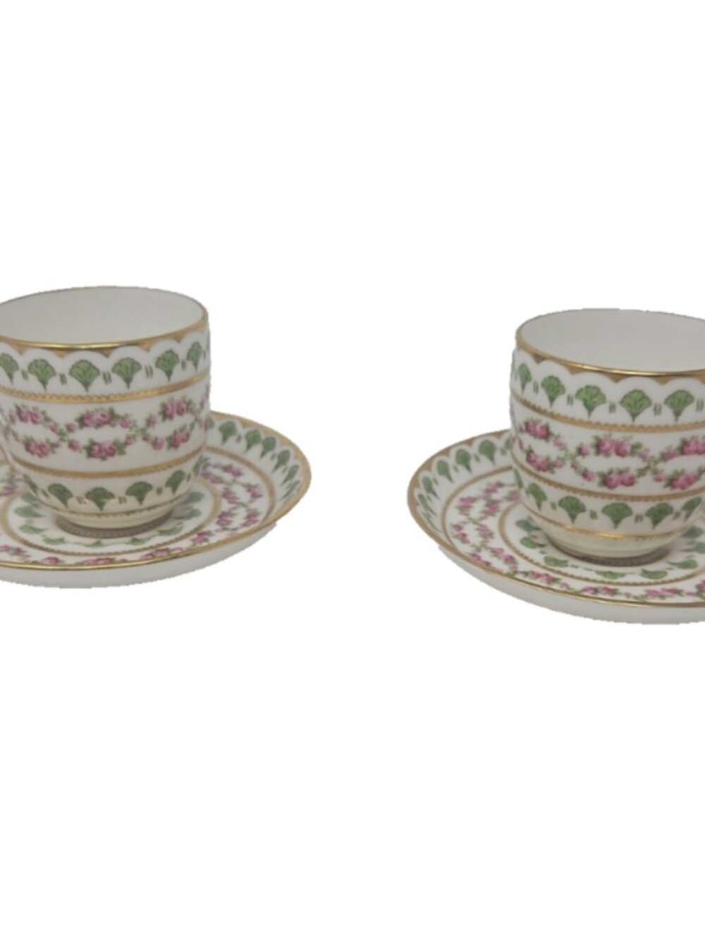 Pr Antique Geo Jones Crescent China Demitasse Cup & Saucer Rose Garlands England